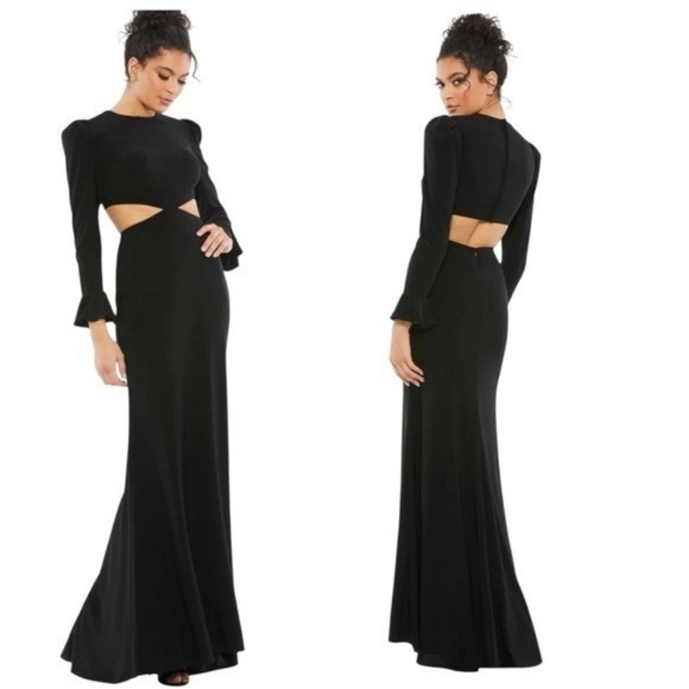 NWT Mac Duggal 67944 Cutout‎ Waist Long Sleeve Dress Black Formal Size 0